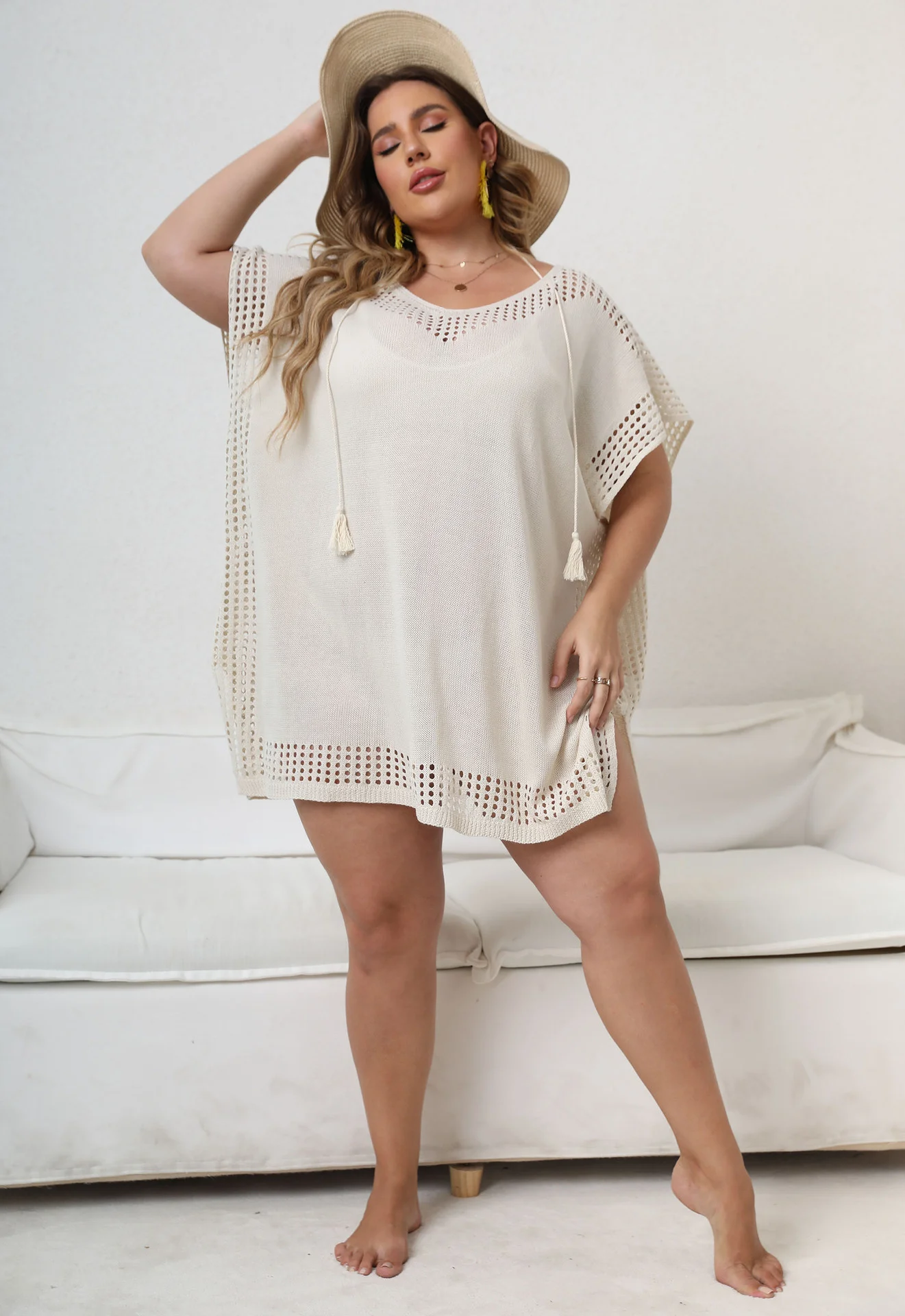 Plus Size Beach Dress Women Fashion Hollow Stitching Machine Woven Dress Casual Lady V-neck Loose Smock Dress Large Size Female