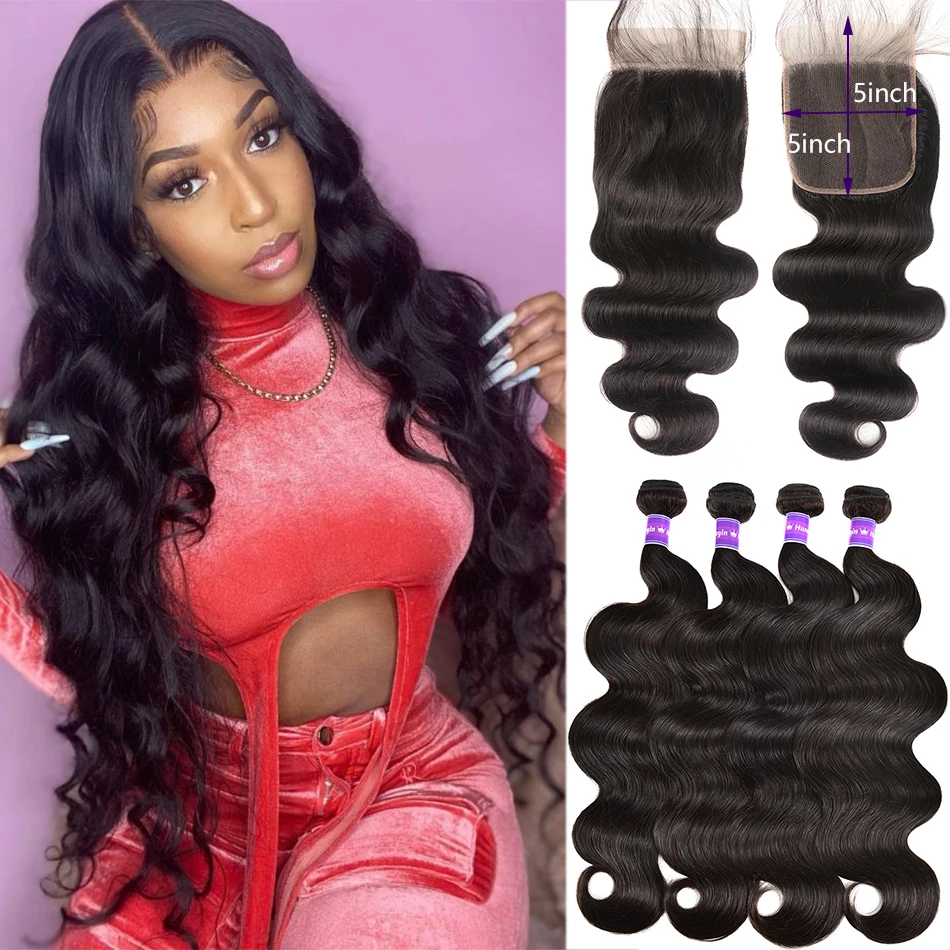 Body Wave Bundles With Frontal 100% Remy Human Hair By Black Woman Peruvian 4x4 5x5 HD Lace Body Wave 3 Bundles With Closure