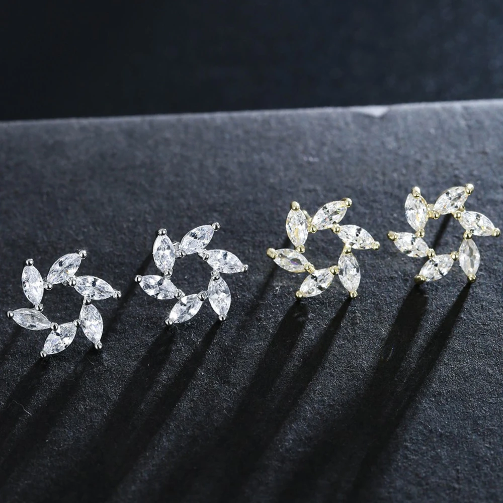 

AMC Korea Trendy Leaves Around White Stud Earring Simple Ear Studs AAA Cubic Zircon Bridal Wedding Party Jewelry Gift For Women