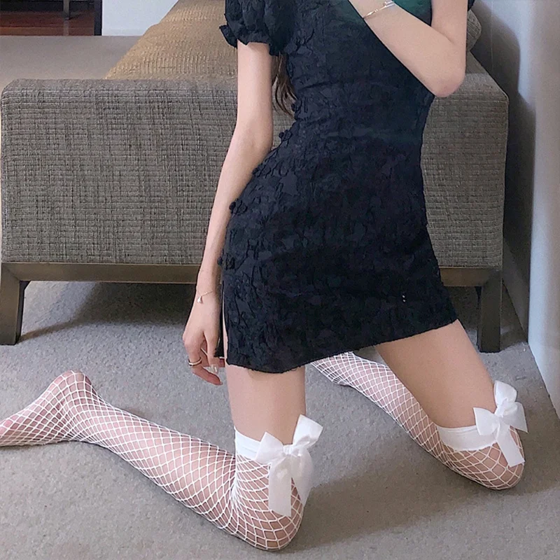 Sexy Lace Fishnet Stockings Women Black White Bow Kawaii Lolita Socks Thigh High Over Knee Nylon Long Socks Hosiery Stockings