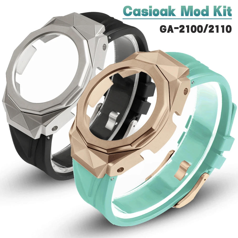 

Casioak Luxury Modification Kit for Casio G Shock GA2100 GA2110 Mod Kit Set Rubber Strap Stainless Steel Metal Case Band GA-2100