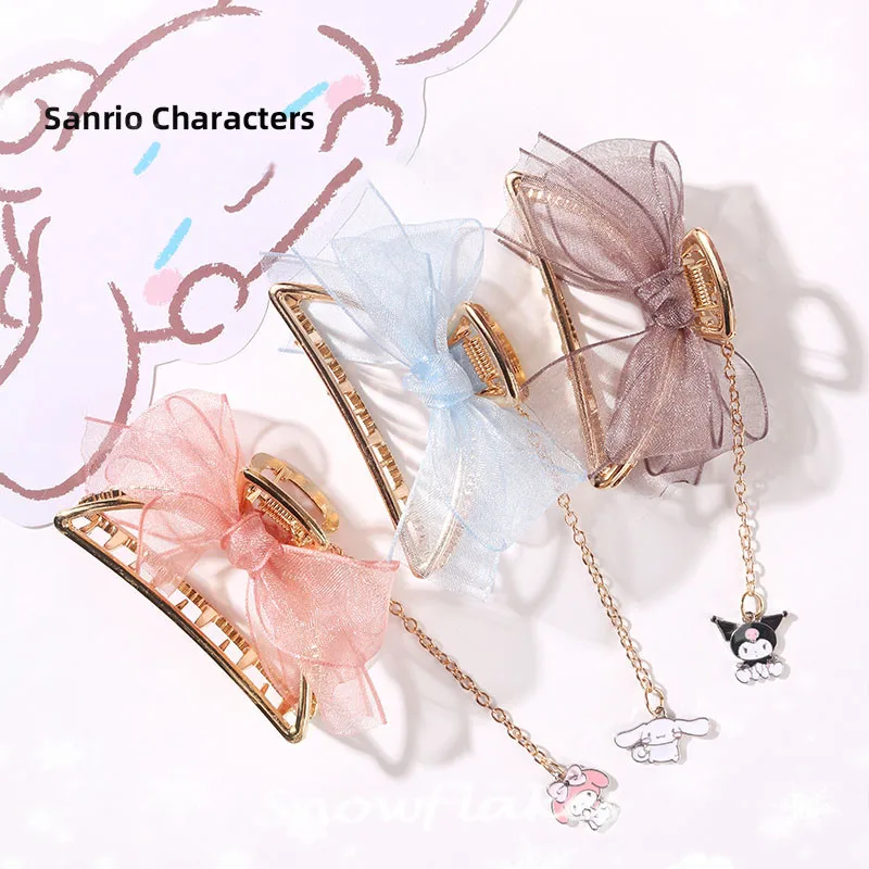 

Sanrioed Cartoon Kuromi My Melody Kawaii Hairpin Girly Heart Cinnamoroll Chiffon Metal Headwear Pendant Bow Hairpin Holiday Gift