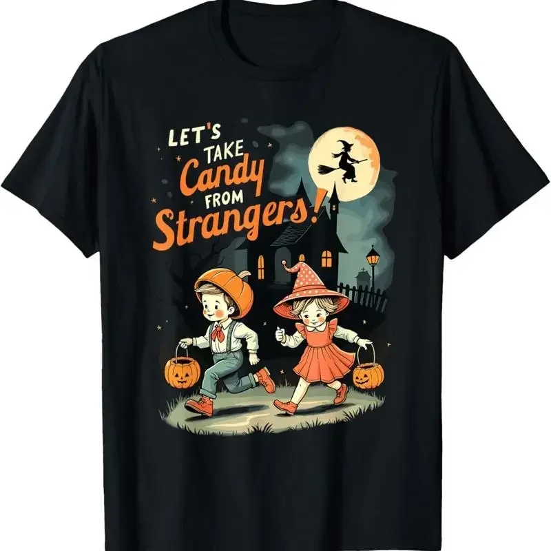 Фото Забавная футболка на Хэллоуин с надписью «Let's Take Candy from Strangers» №1