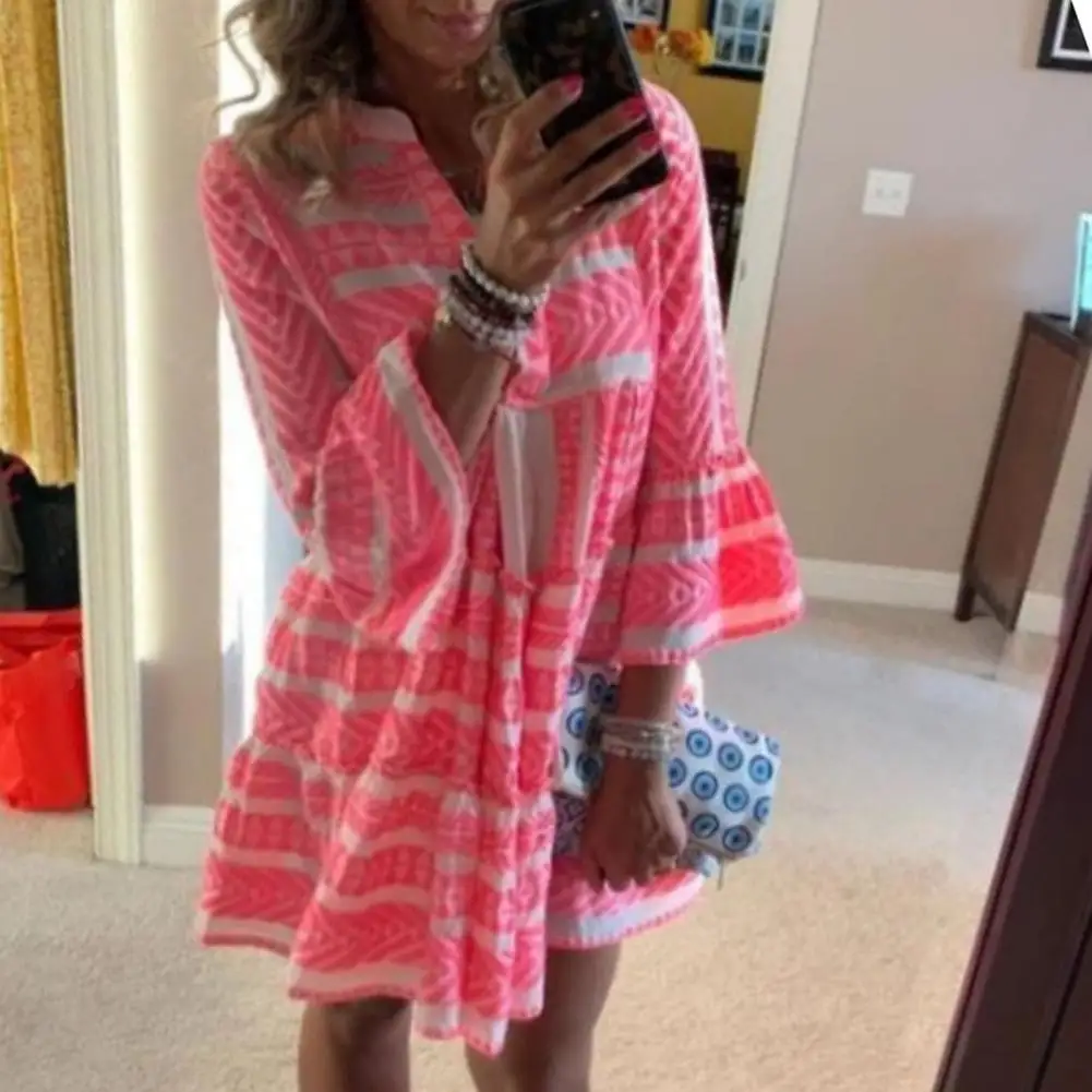 

Stylish Dress Ladies Women Dress Loose Printed Large Hem Dress Flare Sleeve