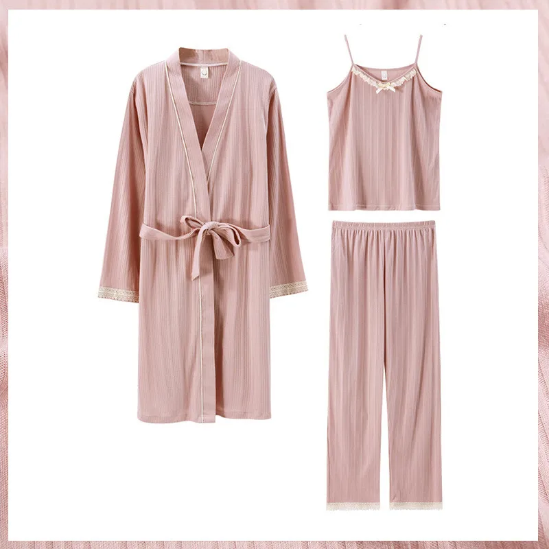 

Spring Autumn Women's Pajamas Three Piece Set of Cotton Japanese Korean Version Suspender Vest Nightgown Home Clothes Thin 5XL