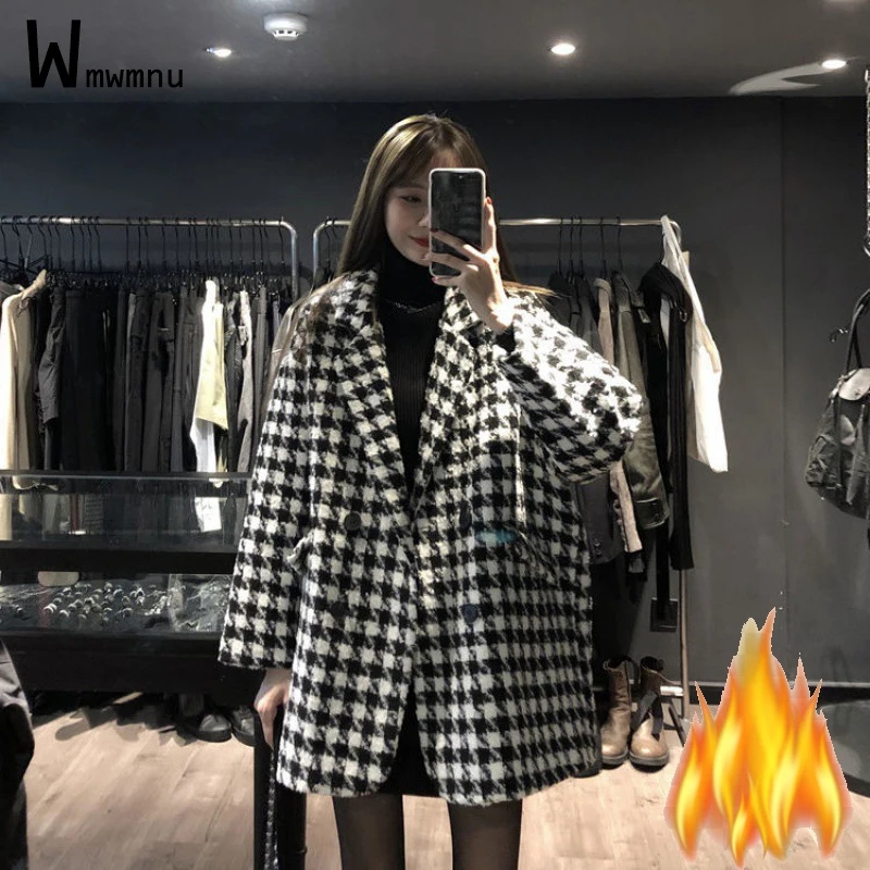 Black White Plaid Wool Winter Blazers Office Ladies Vintage Add Velvet Thicken Casual Loose Suit Coats Middle Long Warm Outwear