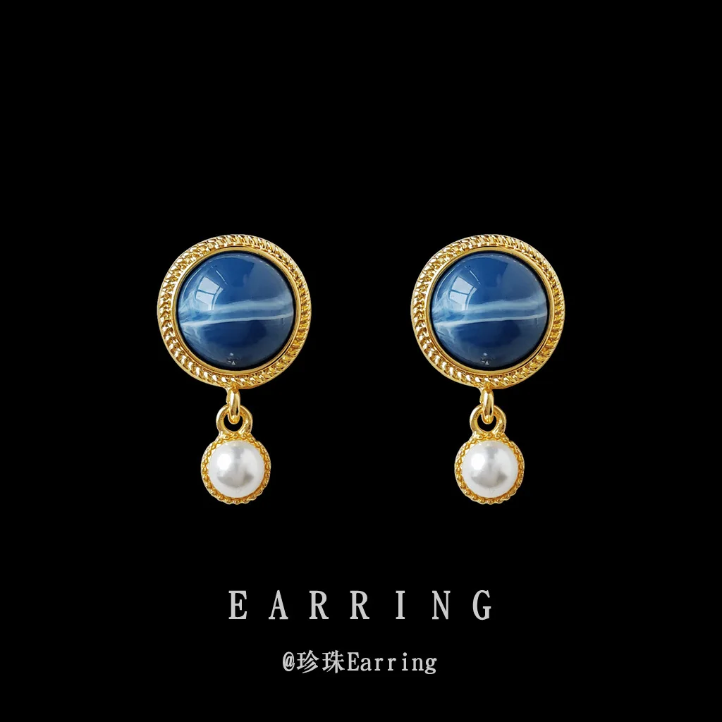 

[Blue Danube] ~ French Vintage 925 Silver Pin Plated 14K Gentle Pearl Harbor Style Earrings Women's Stud Earrings