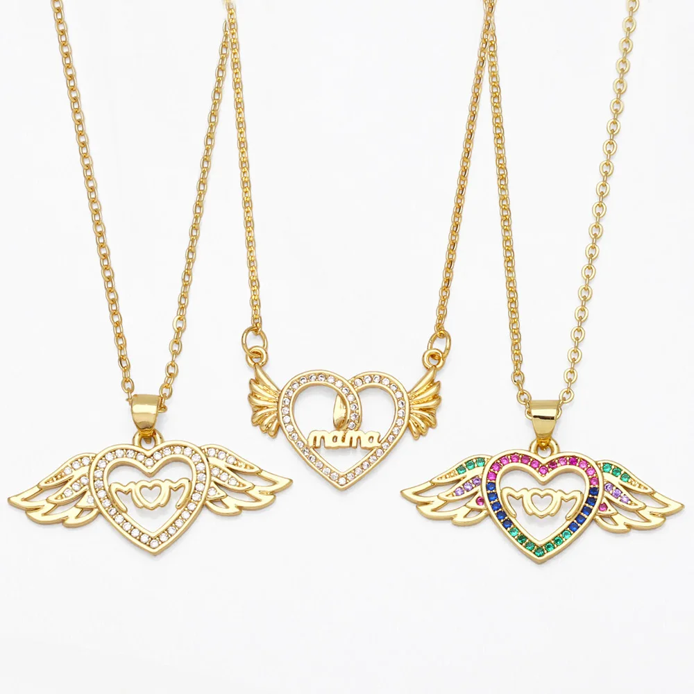 

Colorful Zircon Heart Letter Mom Mama Necklaces For Women Gold Plated Angel Wing Charm Nameplate Mother Kids Luxury Jewelry Gift