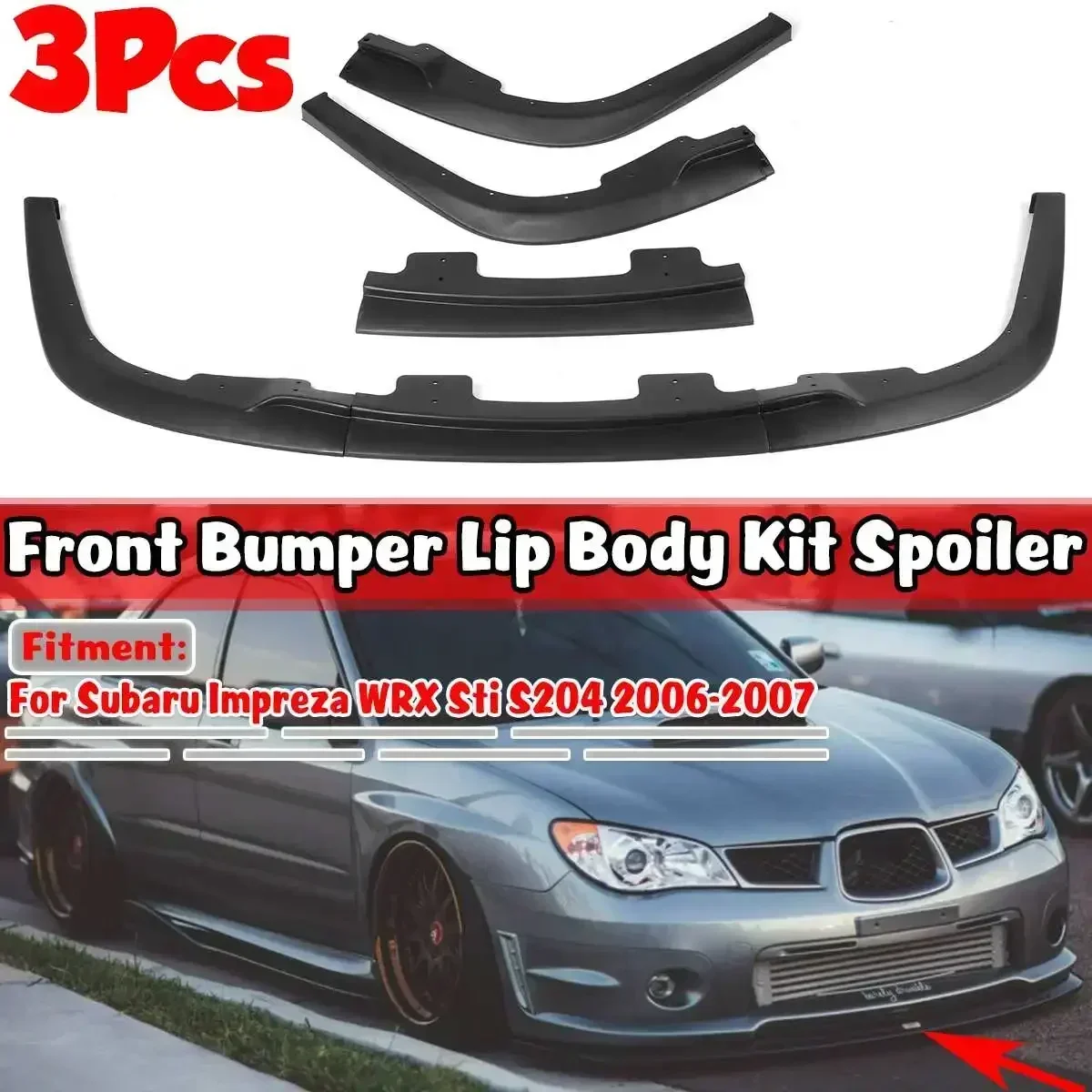 New Matte Black 3pc Car Front Bumper Lip Splitter Spoiler Diffuser Cover Trim For Subaru Impreza WRX Sti S204 2006-2007 Body Kit