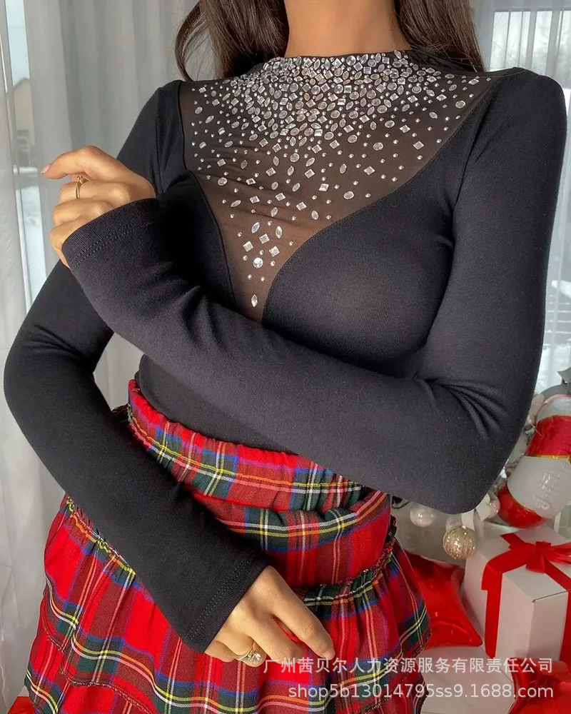 

Hot Sale Diamond Long Sleeve Top Slim Sexy T-shirt Women Shirts