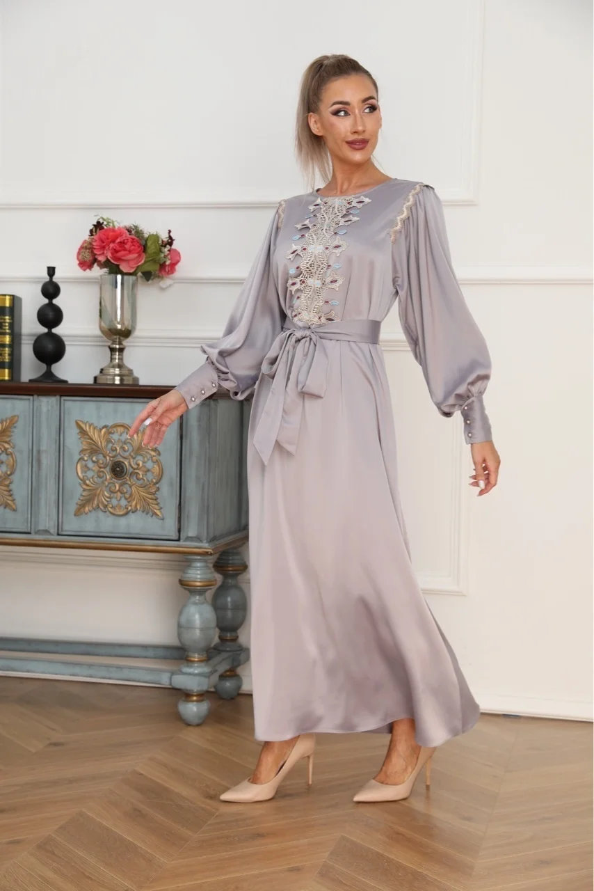 

Fashion New Muslim Lantern Long Sleeve Round Neck Lace up Dress Embroidery Elegant Button Cuff Solid Dress