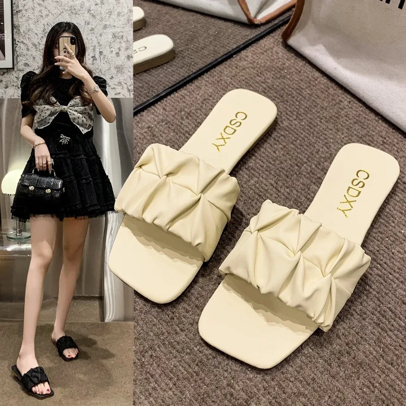 

Pleated Summer Slippers for Women with Low Heels 2023 New Trend Korean Heeled Slippers Women Sandals Outdoor Ladies Elegant Shoe