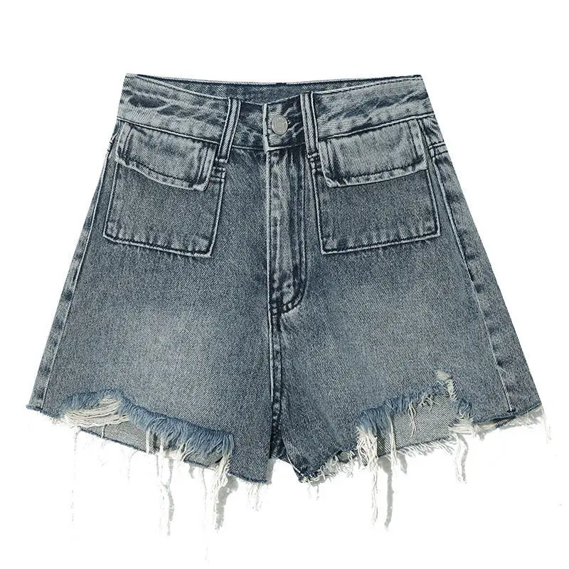 Y2k Shorts For Women Short Jeans Raw Edge Light Blue Baggy 2000s Korean Style Fashion High Waist Straight 2023 Mini Denim Pants