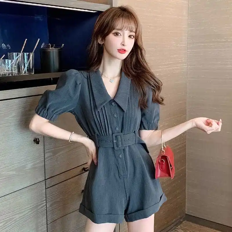 

Trend Newest Solid Women Jumpsuits Elegant Ladies Short Sleeve Rompers Female Playsuits with Belt Overalls Loose Jumpsuit M91