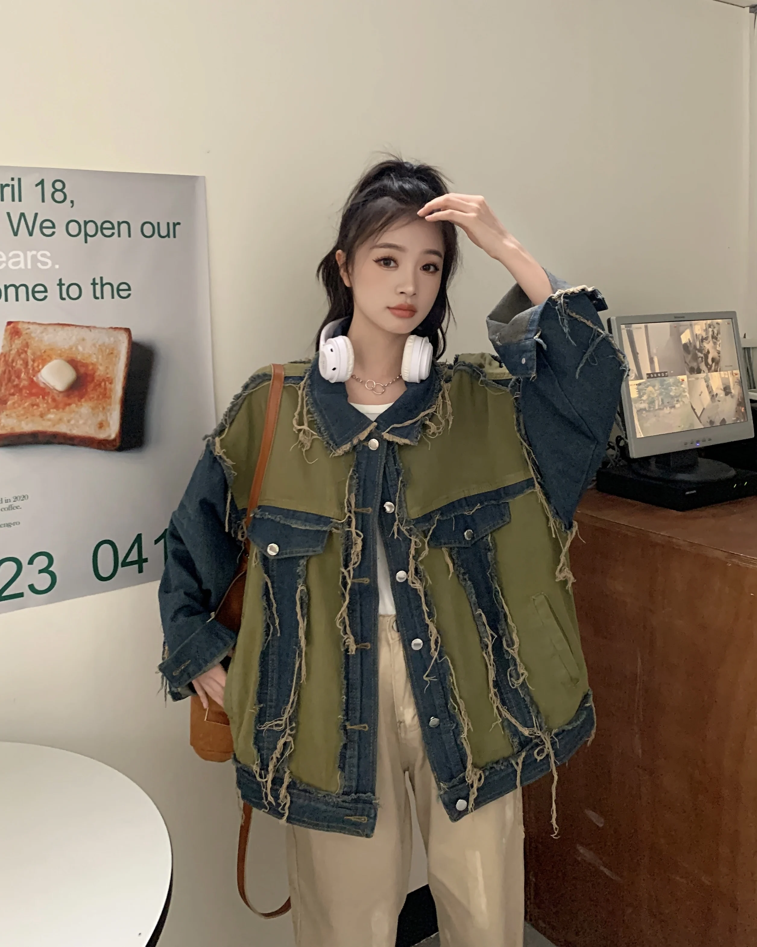 

Женская джинсовая куртка в стиле Харадзюку, свободная Дизайнерская куртка составного кроя с длинными рукавами и бахромой в Корейском стиле, Y2k, осень 2023