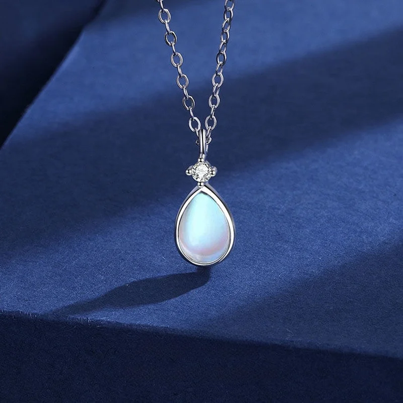 Sterling Silver Plated Natural Sea Blue Moonstone Pendant Small Water Drop Necklace Women's Light Luxury Design High-En... |