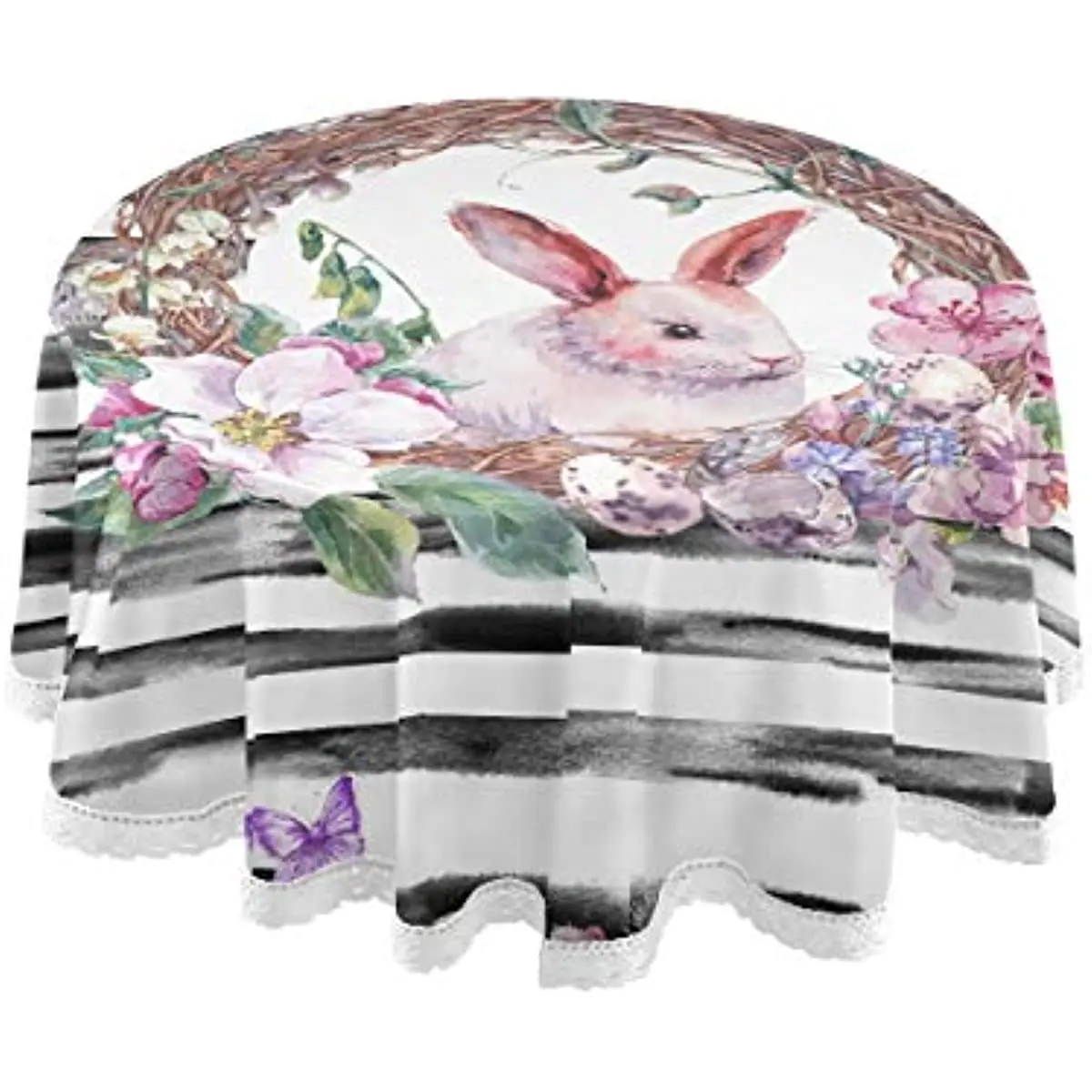 

Happy Easter Wreath with Bunny Eggs Round Table Cloth for Circle Table Washable Polyester Tablecloths Great for Holiday