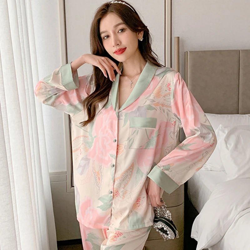 

Spring Autumn Women Fashion Long Pajamas Sets Flower Floral Sleepwear Faux Silk Home Clothes