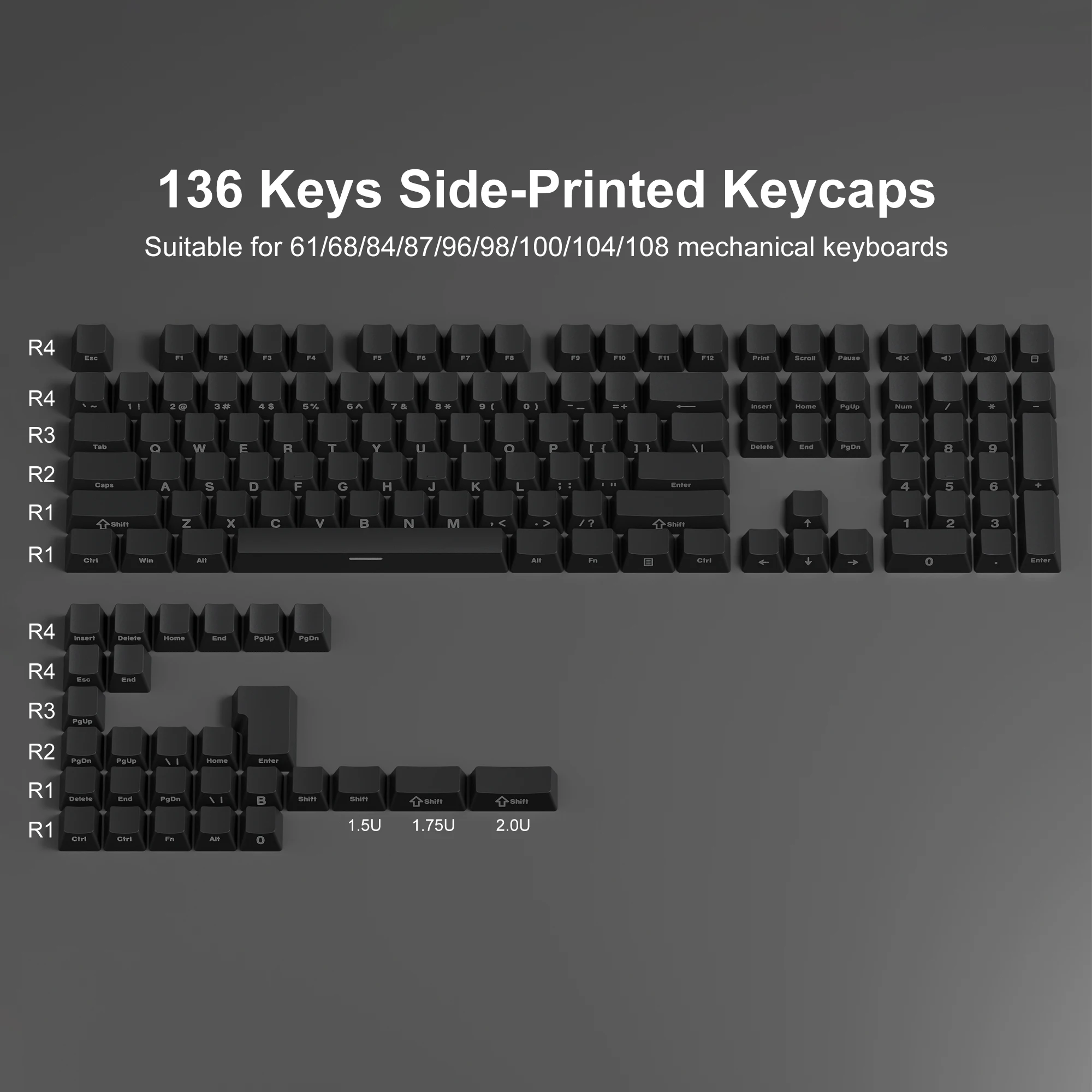 136 черных клавиш с боковой подсветкой, PBT-кейкапы Double Shot, профиль OEM для механических клавиатур с переключателями MX (art.: 3920da8bef8c6) - 3920da8bef8c6
