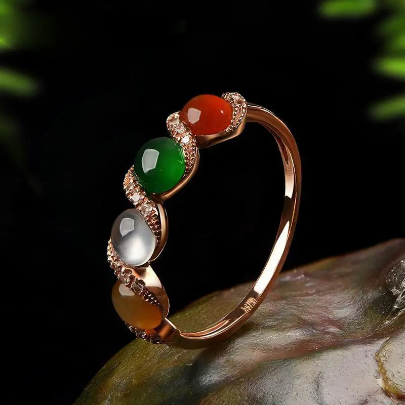 

Серебряное инкрустированное натуральное разноцветное ледяное кольцо из халцедона, открытое регулируемое романтическое ювелирное изделие...