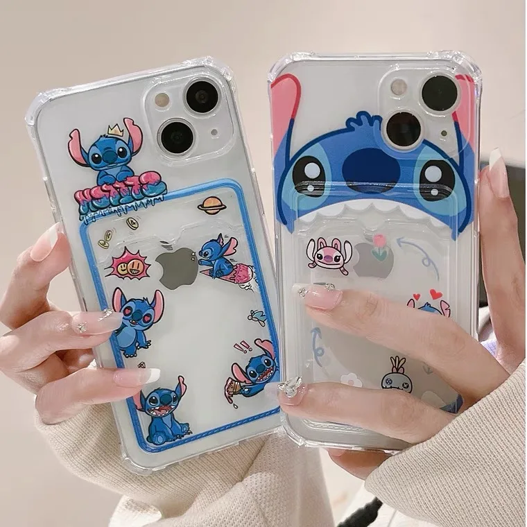 Купи Cartoon Disney Stitch With Card Holder Phone Cases For iPhone 13 12 11 Pro Max XR XS MAX X 7/8Plus Anti-drop Soft Back Cover за 170 рублей в магазине AliExpress