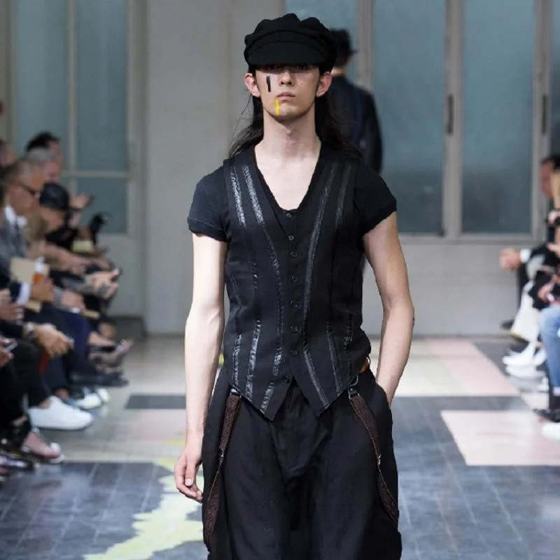 

Tide Fashion Casual Splice Leather Suit Vest For Mens New Plus Size Sleeveless Dress Male Clothes Slim Formal Business Jackets