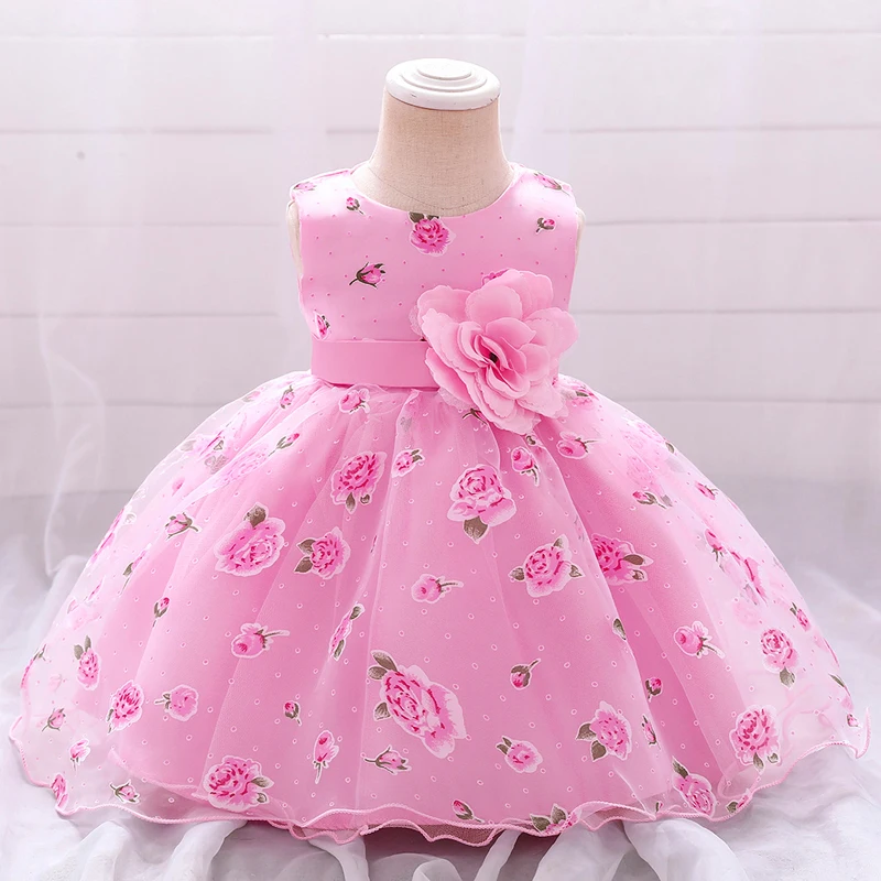 

2022 Summer Cute Big Flower Baptism First Birthday Dress For Baby Girl White Pink Princess Dresses Party Dress Child Costumes