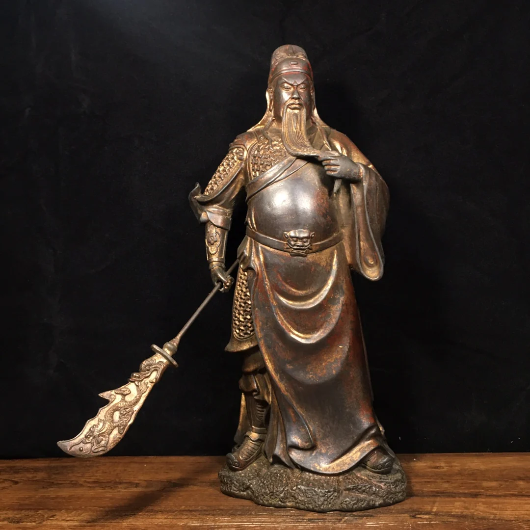 

10" Tibetan Temple Collection Old Bronze Cinnabar mud gold God of Wealth Guan Erye Guan Yu worship buddha Town house Exorcism