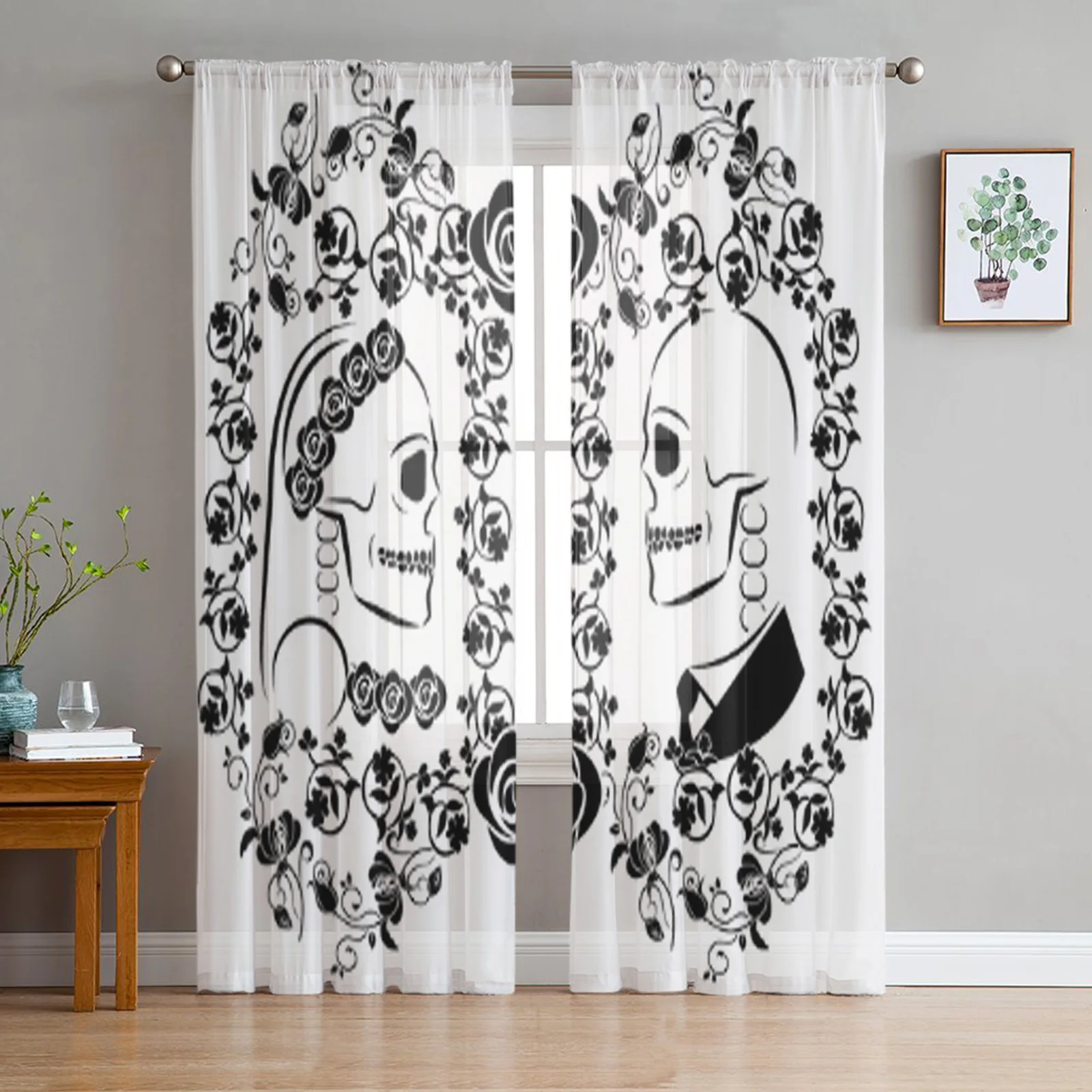

Тюлевые шторы с черепом и цветами, прозрачные Занавески для кухни, окна, гостиной, Современная вуаль, занавески для спальни