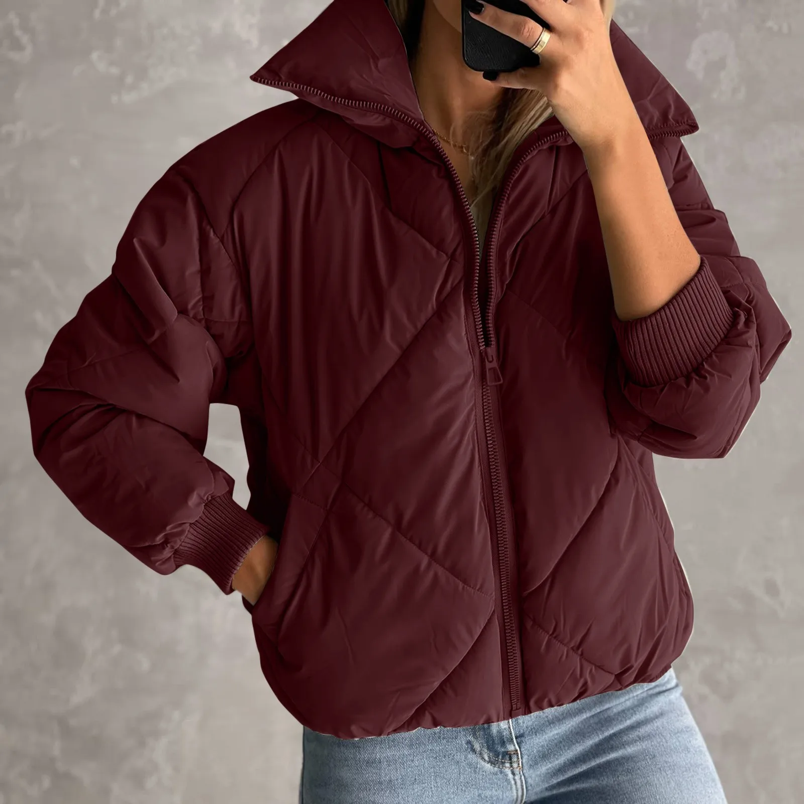 

Женская Стеганая куртка на молнии с длинными рукавами и карманами, Короткие Пузырьковые куртки, Женское пальто