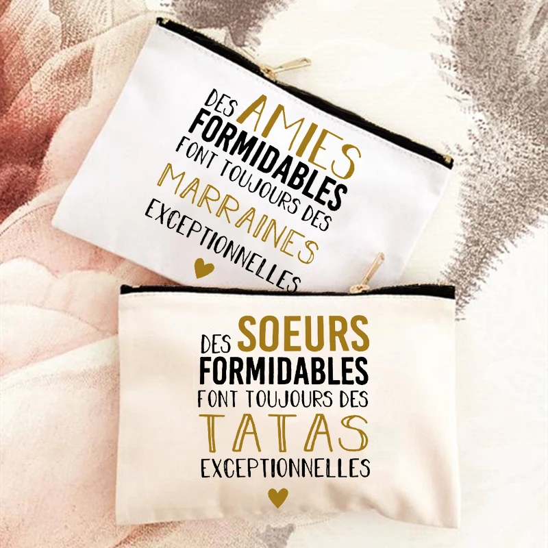 French Print Sister Tata Travel Neceser Toiletry Pouch Makeup Bag Tata Marraine Gift Pregnancy Announcement Zipper Cosmetic Bag