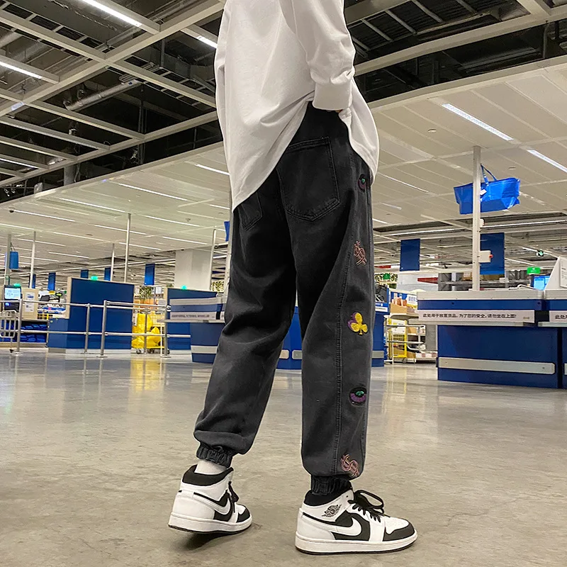 Fashion Men's Jeans Hong Kong Style Loose Handsome Embroidered Wide Leg Pants Ins Casual Trousers Spring and Autumn Man Bottoms