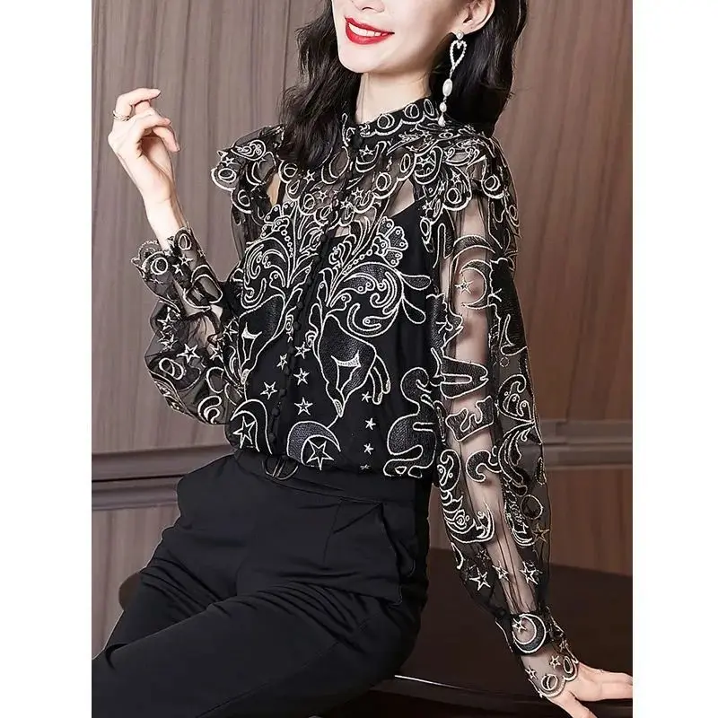 Блузка женская с отложным воротником и длинным рукавом Элегантная Модная