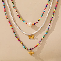 fashion butterfly pendant colorful rice bead collarbone chain short pearl pendant necklace bohemian style neck chain jewelry