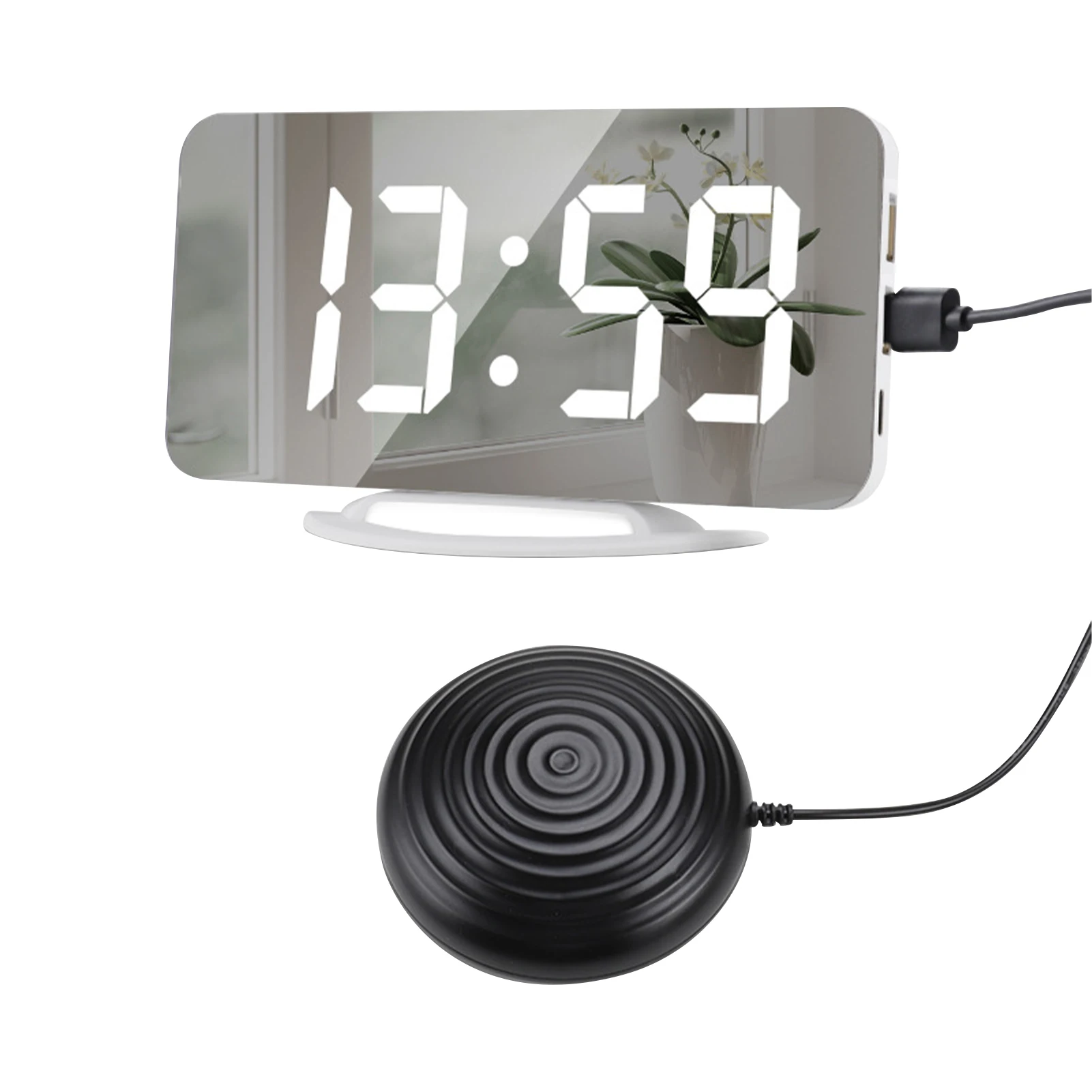 

Digital Alarm Clock Adjustable Brightness Loud With Bed Shaker LED HD Mirror Design USB Rechargeable