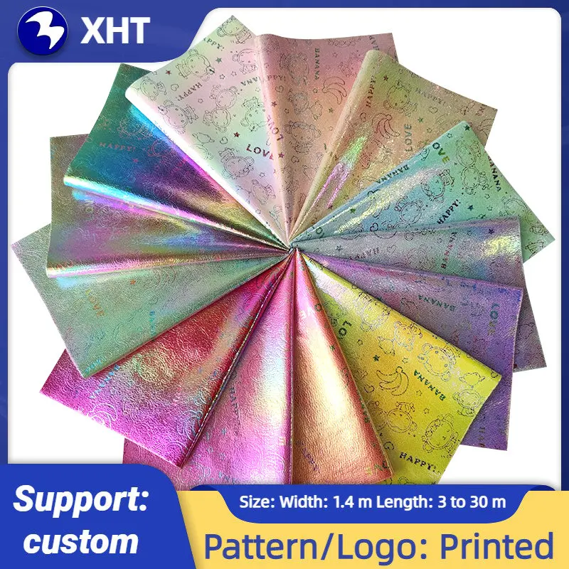 

30*135cm Iridescent Cartoon Character Print Metallic Laser Synthetic PU Leather Cotton Back for Bag Hair bows Decoration