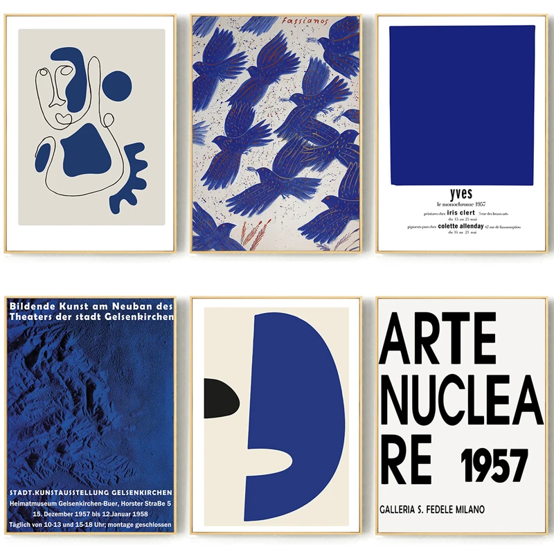 

Blue Color Block Desert Canvas Painting Nordic Letter Bird Figure Line Poster Print Wall Art Picture for Living Room Table Decor