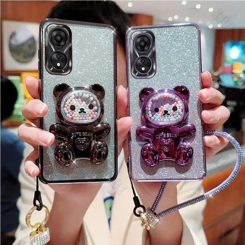 Чехол-держатель с блестящим медведем и бриллиантовым ремешком для Oppo A1 A1K A2 A5S A7X A8