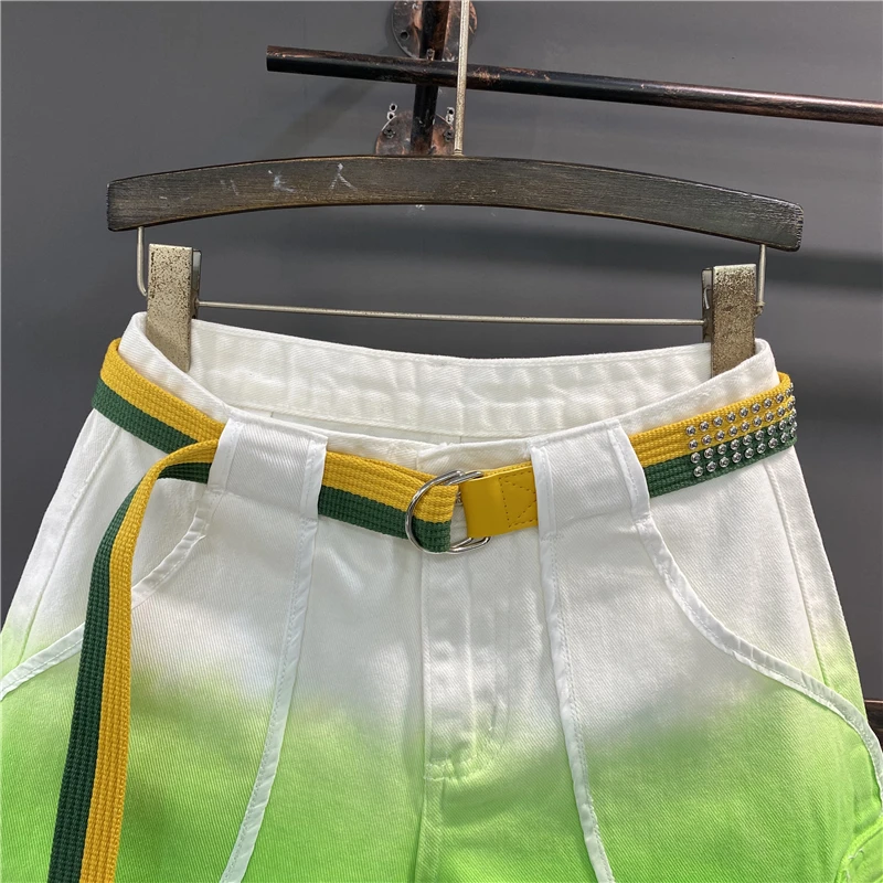 Denim Shorts Women's Ins 2023 Summer New Korean Style Personalized Gradient Color High Waist Loose Slimming Wide Leg Booty Pants