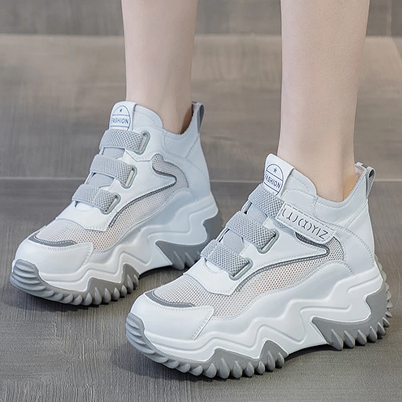2023 Chunky Sneakers Fashion Genuine Leather Fur Women Vulcanize Mesh New Female Four Seasons Comfy Lace Up Fashion Ladies Shoes