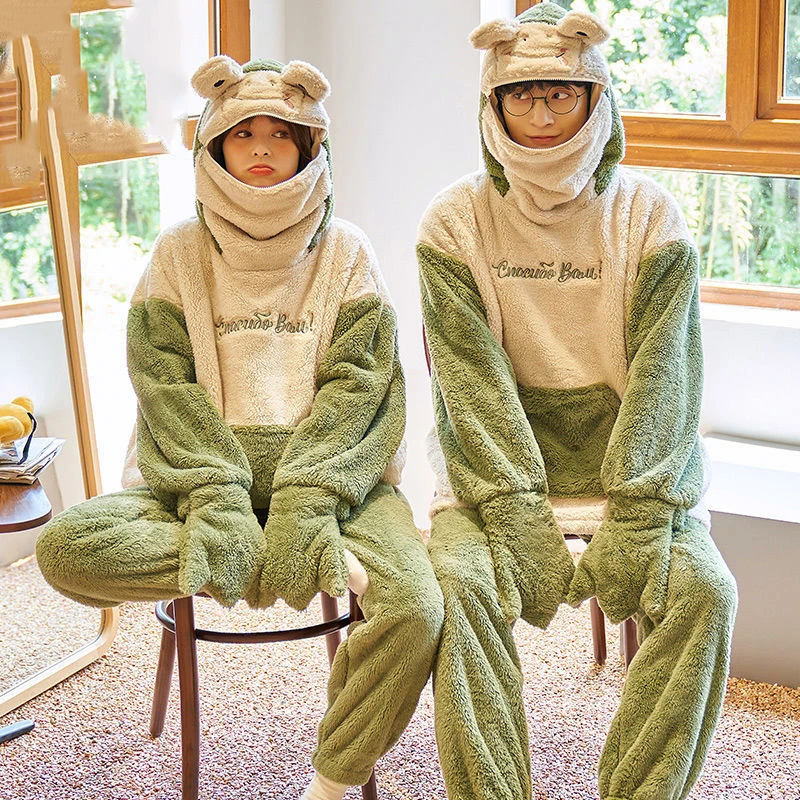 

Зимняя флисовая парная Пижама кораллового цвета, забавная новинка, одежда для сна с капюшоном в виде лягушки, Пижамный костюм, утепленная фл...