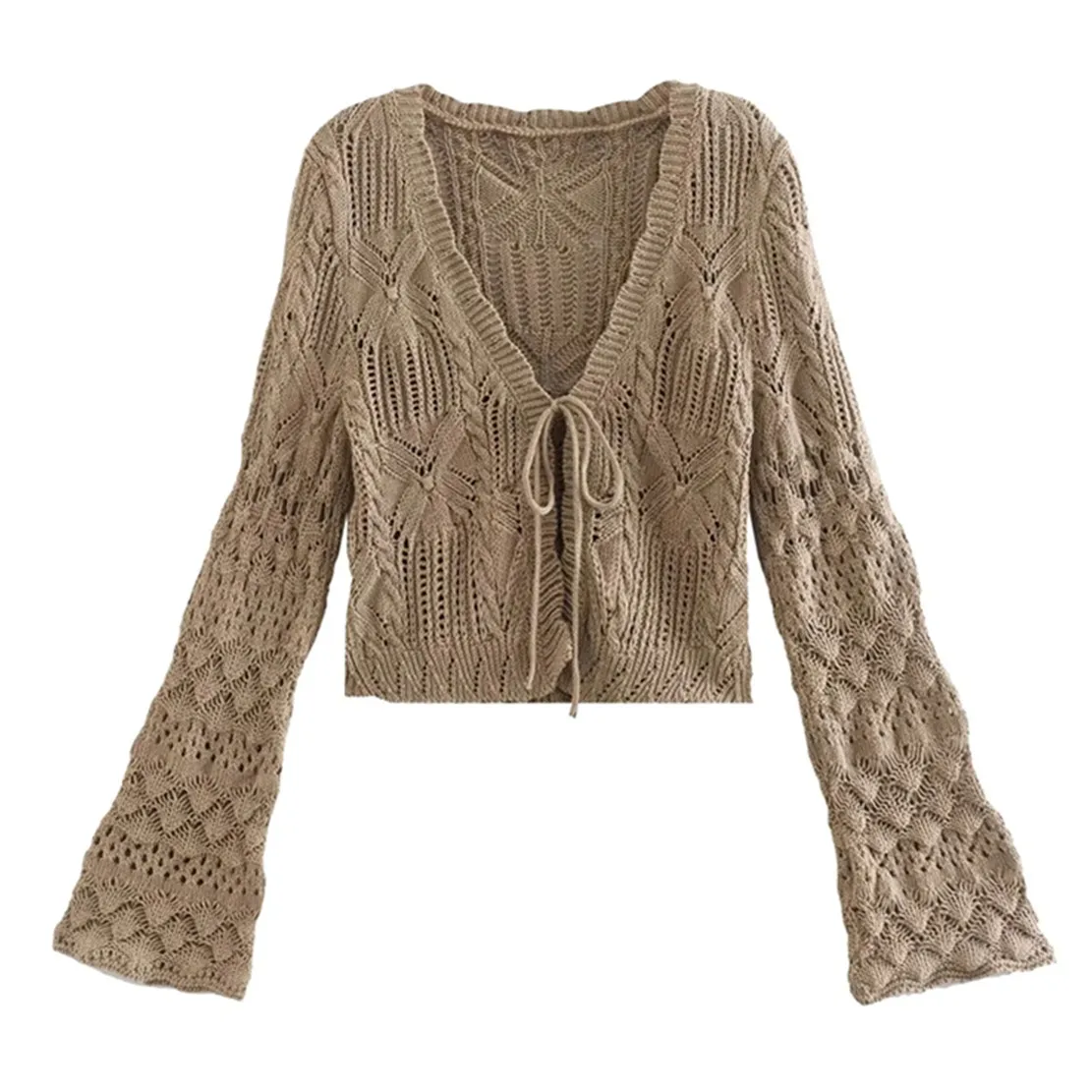 

Jenny&Dave 2023 Indie Folk Retro Jacquard Weave Lace Up Hollow Out Flare Sleeve Knitwear Cardigans Women