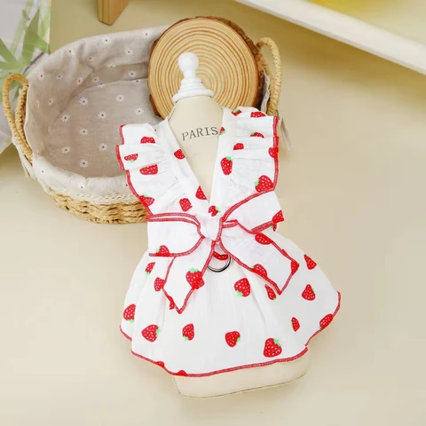 Dog Strawberry Dress Puppy Summer Clothes  Dog Skirt Pet Dog Apparel Bow Dog Suspenders Chihuahua Bichon Girls Dog Costume Dog