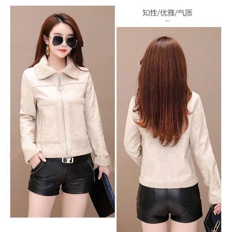 Women's PU Leather Jacket Short Cashmere Fashion Women's Leather Jacket Brown Thick Warm Lady Clothes Short Coat