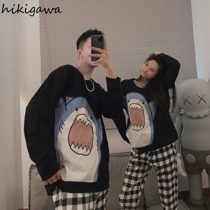 Hikigawa Милая женская пижама с принтом акулы осенняя черная Пижама для пар кавайная