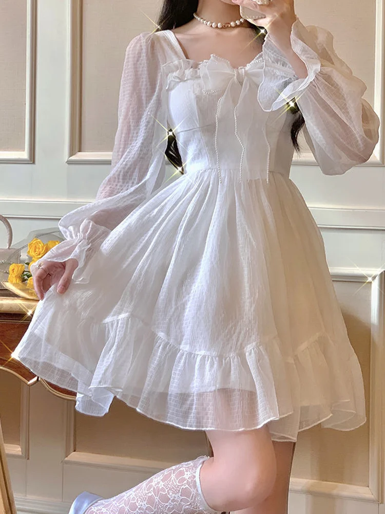 

Spring White Sweet Dress Women Long Sleeve Square Collar Ruffles Princess Dress Korean Fashion Kawaii Fairy Bow Slim Mini Dress