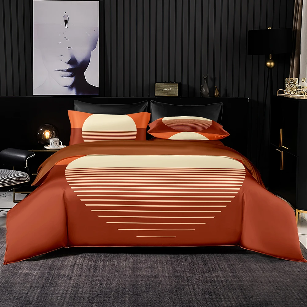 Light Brown Bedding Set African Style Duvet Cover Black White Strips Pattern 220x240 with Pillowcase for Queen King Size | Дом и сад