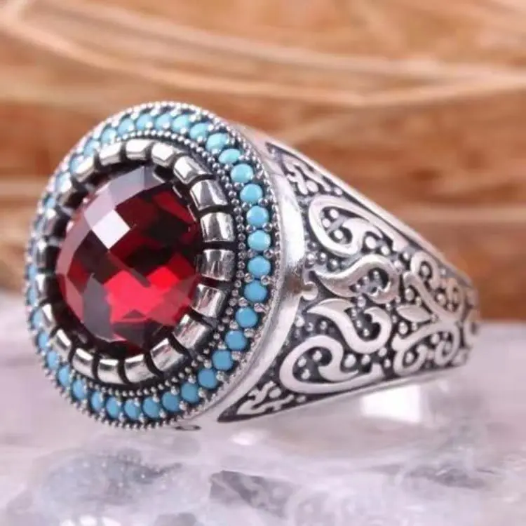 

Hot New Vintage Fashion Red Round Zircon Ring for Women Men Old Pattern Fashion Punk Ring Wholesale