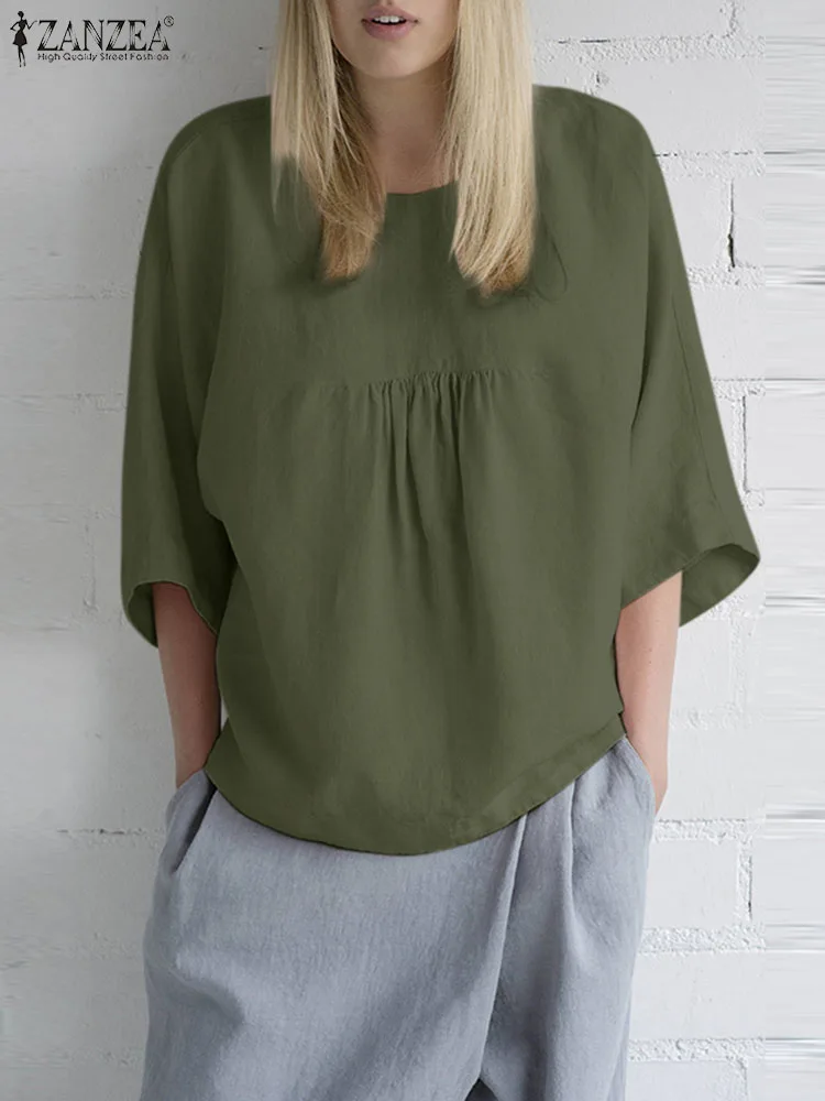 

ZANZEA Women Vintage 3/4 Sleeve Solid Loose Blouse Casual Fashion Holiday Shirt Cotton Blusas Mujer Oversize Summer Tunic Tops