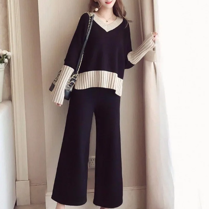 Autumn Elegant Maternity Women 2pcs Sets V-neck Long Sleeve Splicing Knitted Sweater+Wide Leg Pants Pregnancy Outfits 192638590